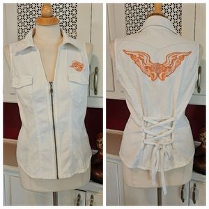 Harley-davidson White Denim Zip Up Vest